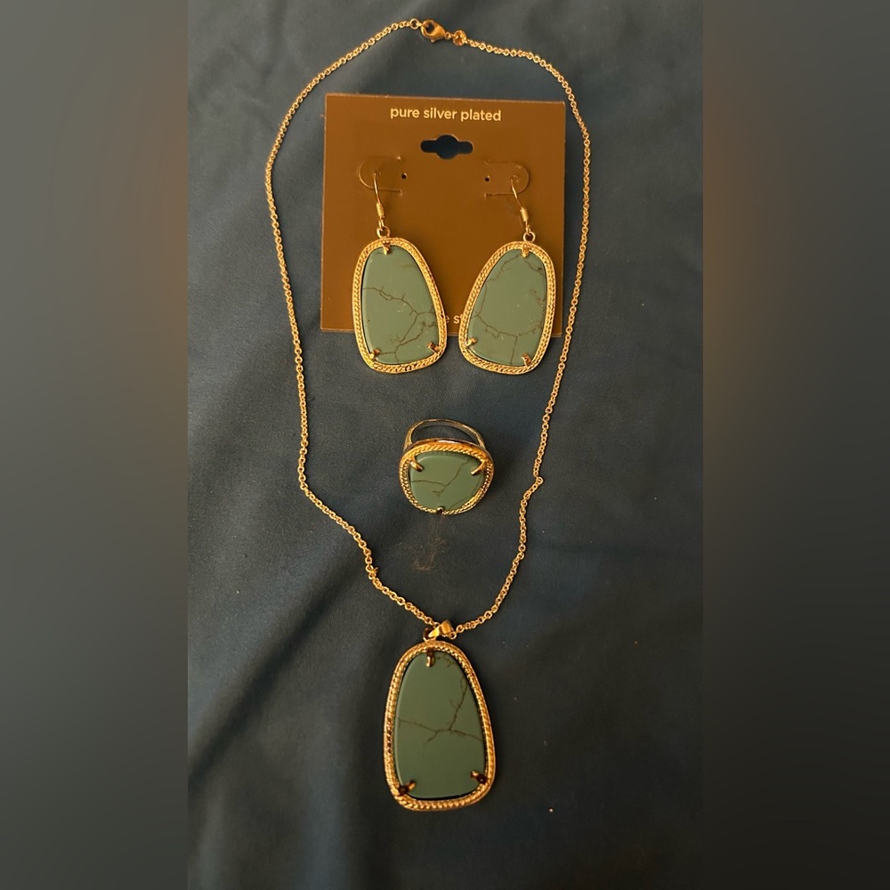 Gen Stone Panel Pure Silver Plated Turquoise 3 Piece Set.. New Not in Box..